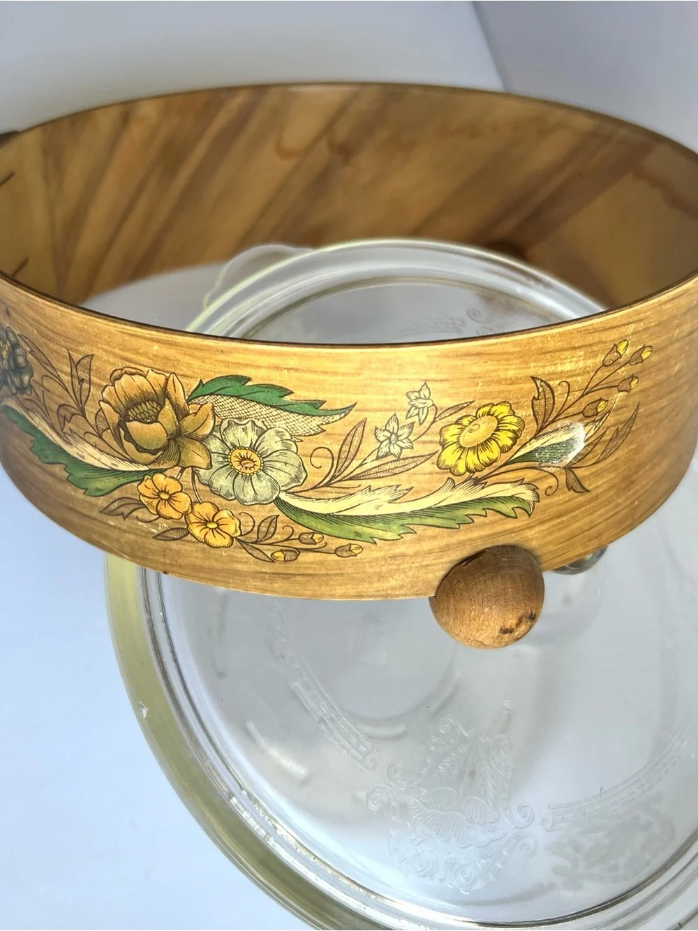 VTG Glasbake Floral Glass Casserole Dish Handmade Wood Base